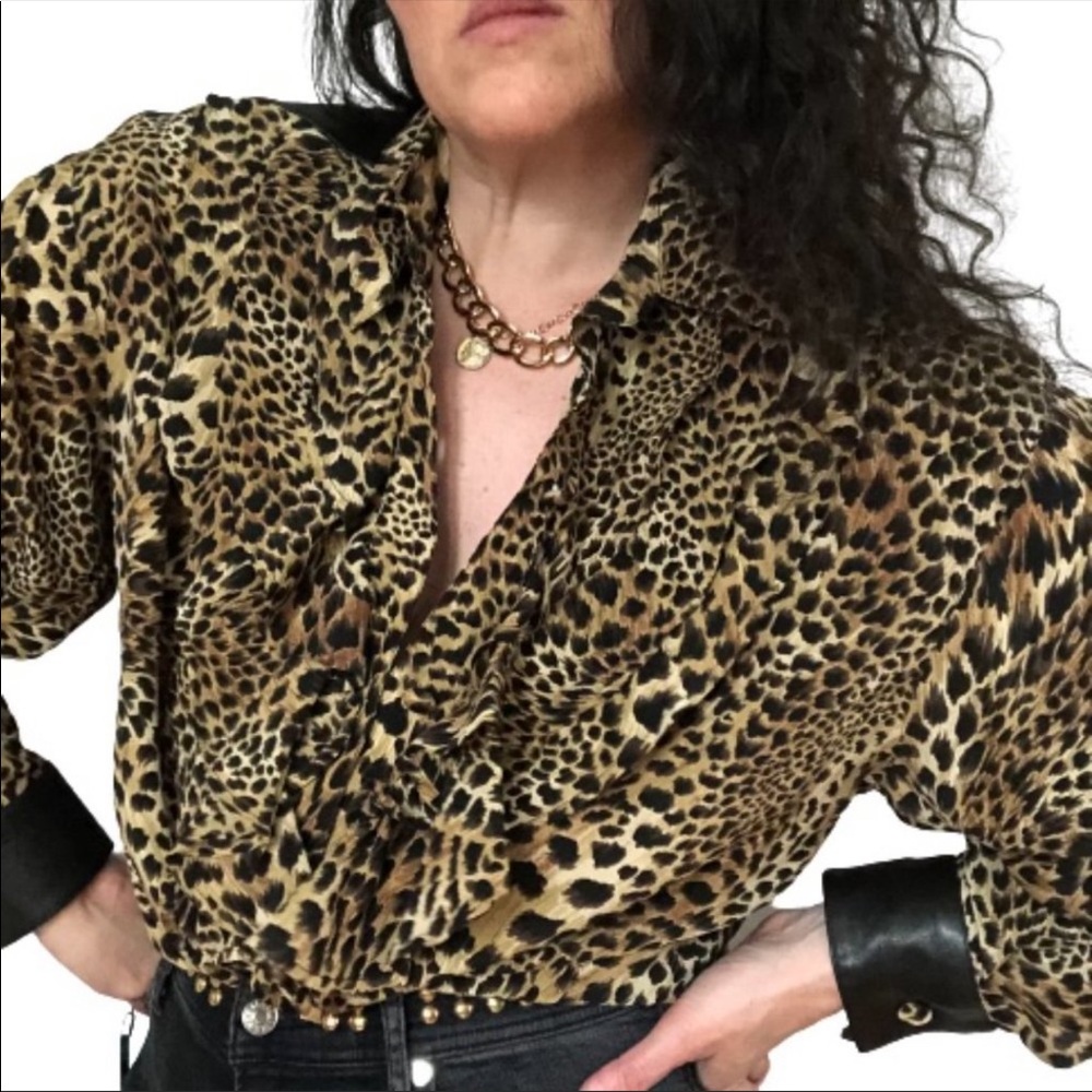NWT 100% Silk + Leather Leopard Ruffled Vtg Top - Picture 5 of 14